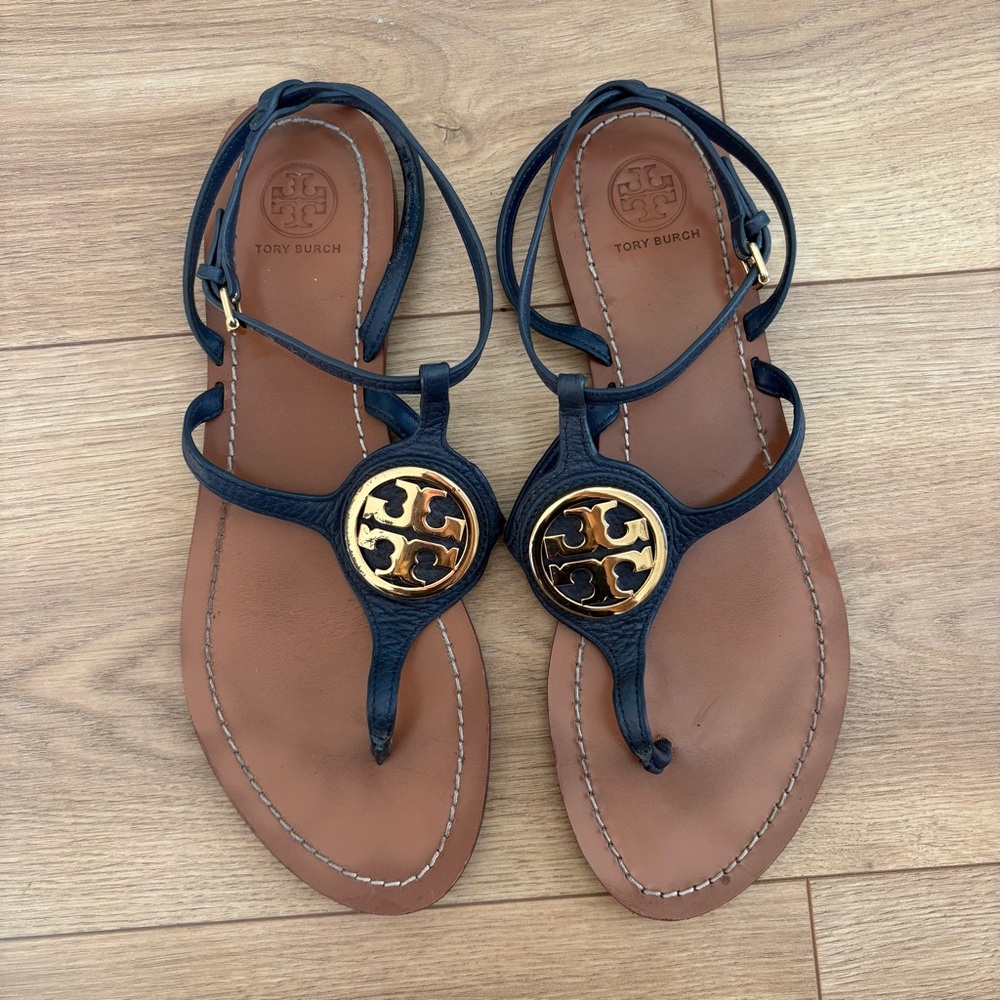 Tory Burch Navy Sandals with Gold Emblem